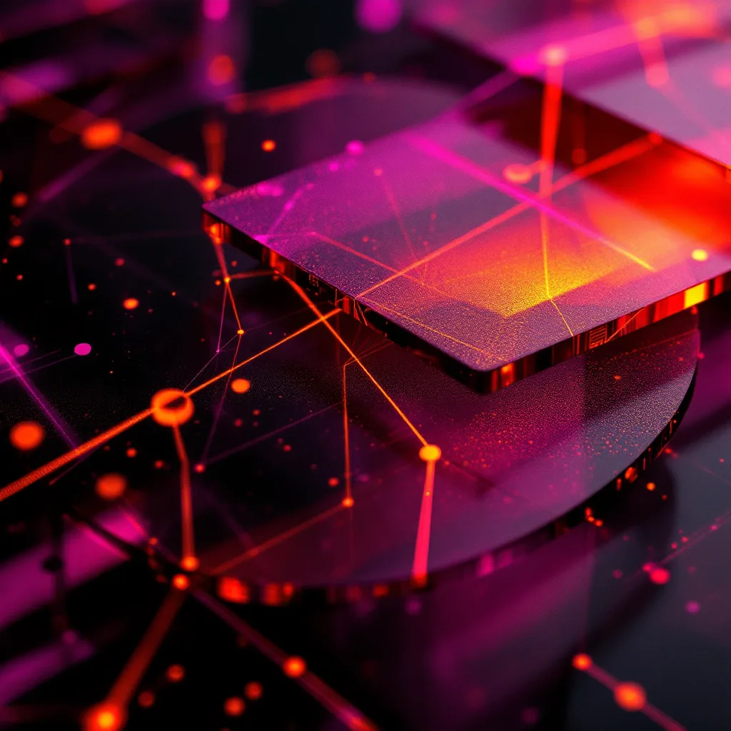 Abstract layered amber and magenta glass panels